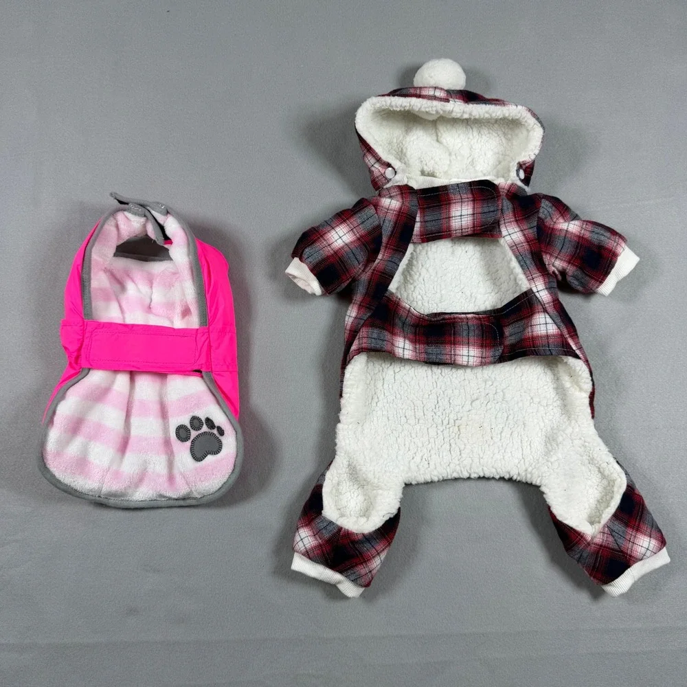 Koolaburra by UGG Dog Clothes Bundle Plaid Hooded Jumpsuit and Pink Puffer Vest